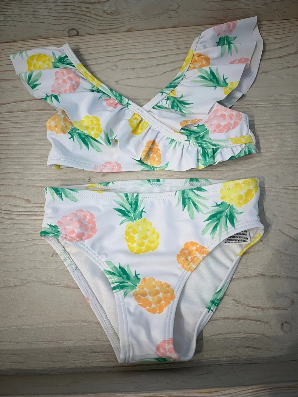 Janie and Jack White Pineapple Print Ruffle Bikini with Yellow & Pink Accents